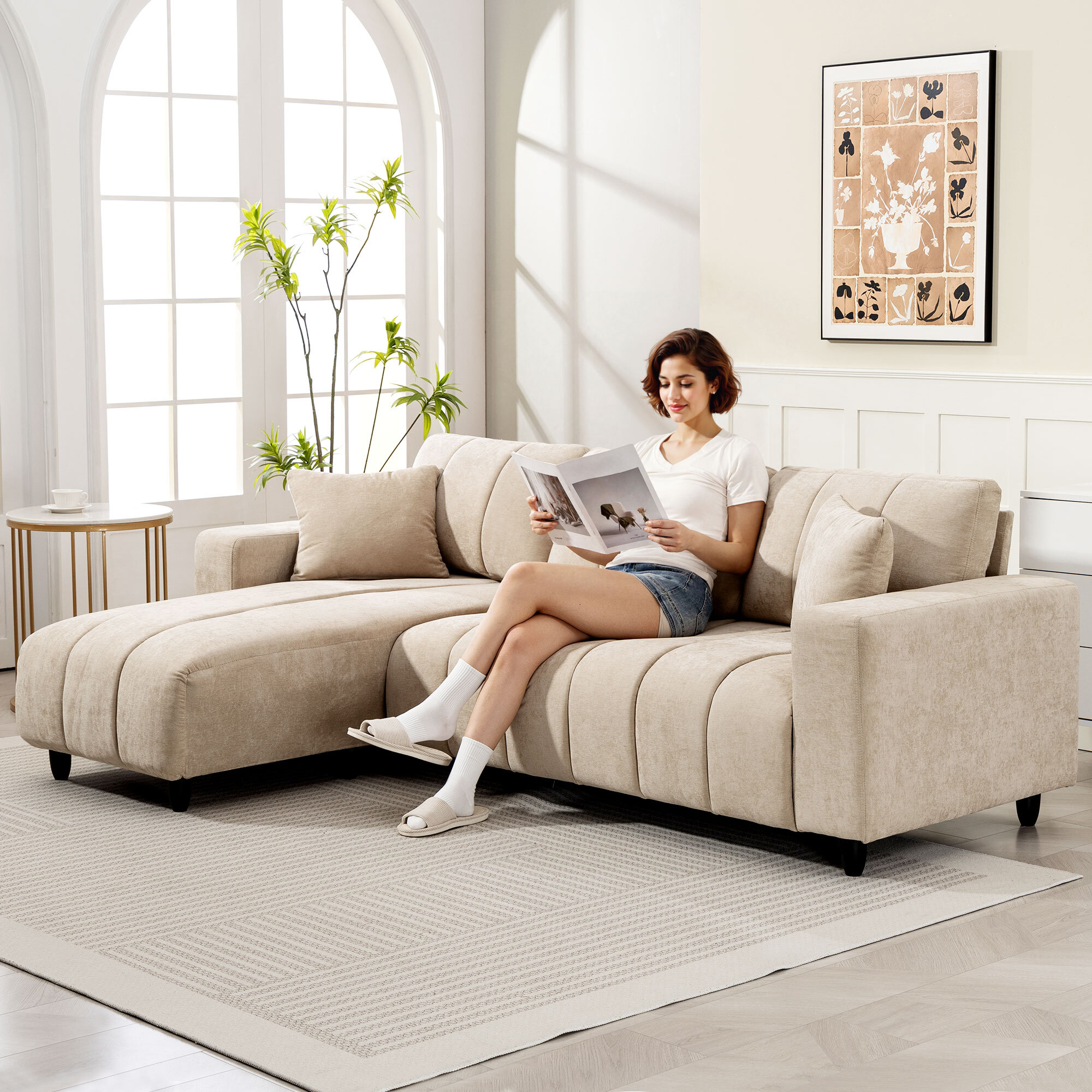 Sofá Chaise Longue Reversible, Sofá Esquinero en Forma de L de 3 Plazas, 2 Almohadas, Tapizado en Lino, Marco de Acero, para Salón, 242x156x87 cm, Beige