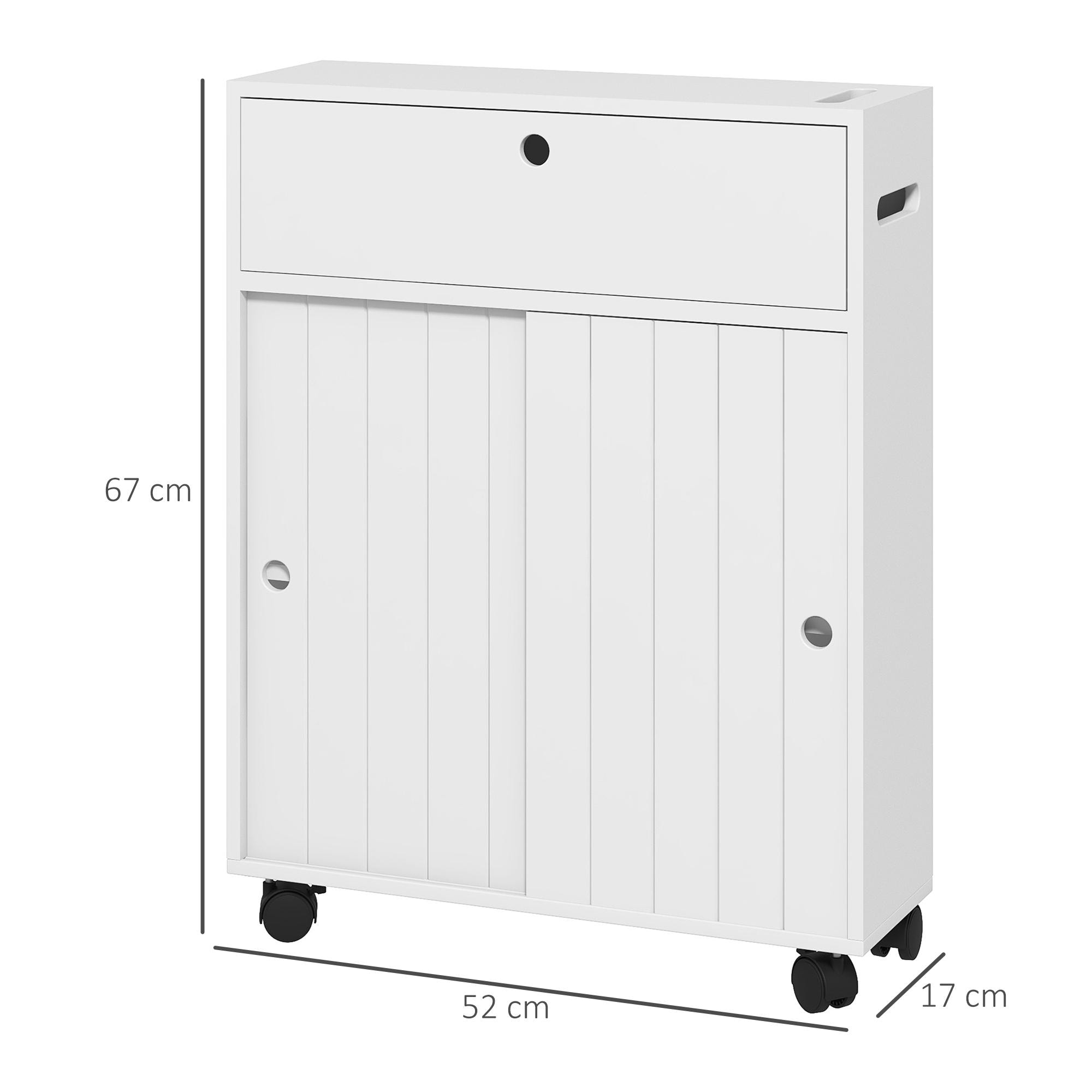 Mueble Auxiliar Baño Moderno Armario de Baño con 4 Ruedas 2 Agujeros para Papel 2 Armarios y Estantes Ajustables Mueble Auxiliar de Almacenaje para Salón 52x17x67 cm Blanco