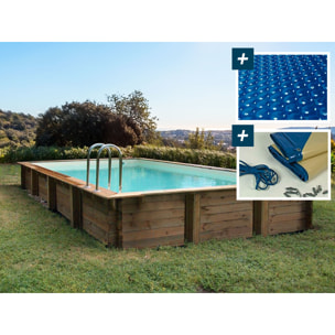 Piscine bois en kit rectangle "Sunrise " - 8.20 x 5.20 x 1.44 m + Bâche à bulles 400 µ - Bâche hiver 280 g/m²