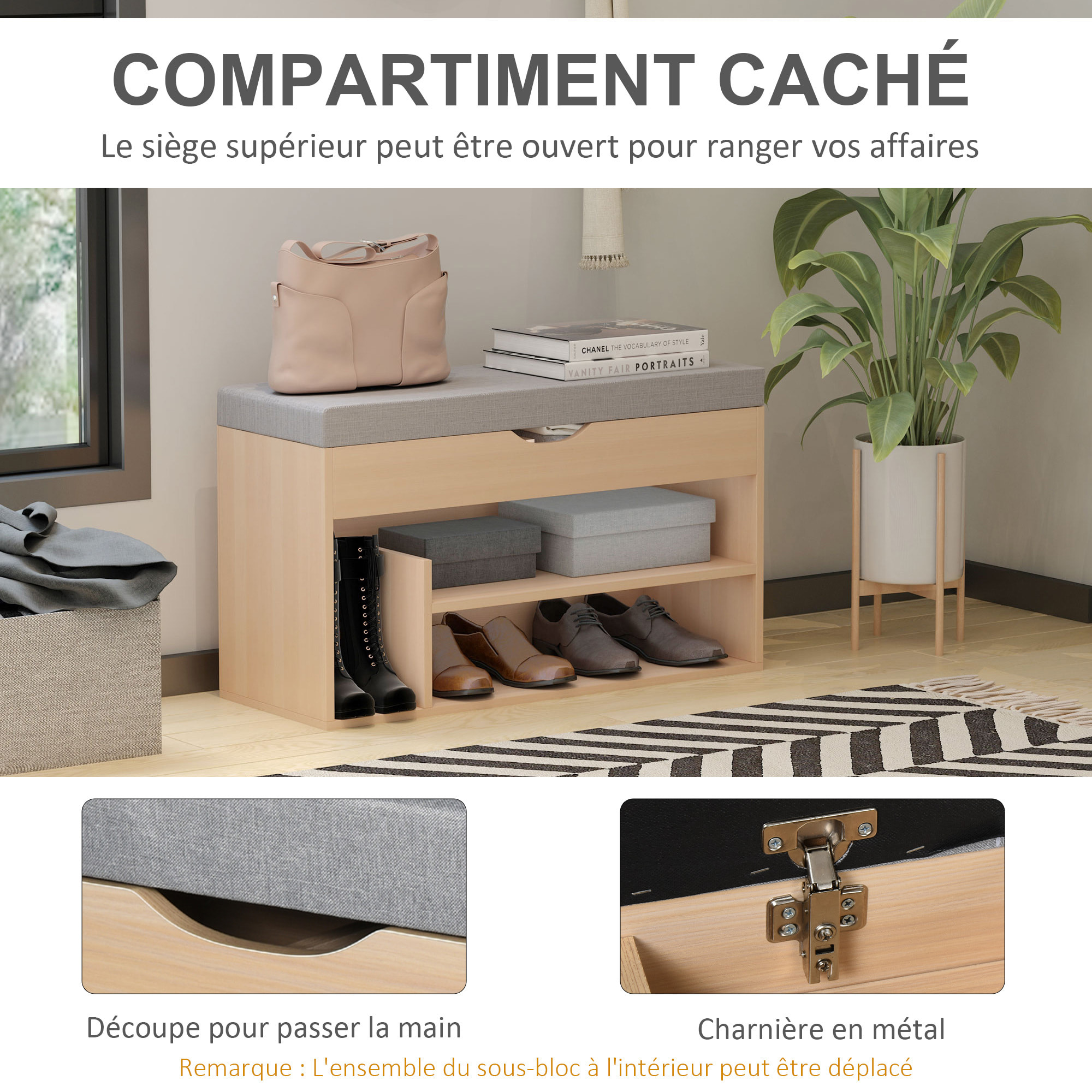 Meuble chaussures banc à chaussures 2 niveaux rangement, niche + coffre intégré avec coussin beige gris