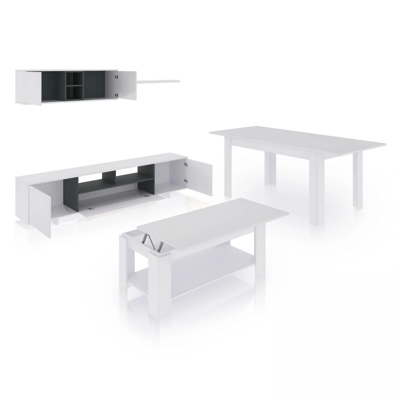Pack salón con mesa de centro y mesa de comedor Kenzo Max V1A Blanco Brillo - Gris Antracita
