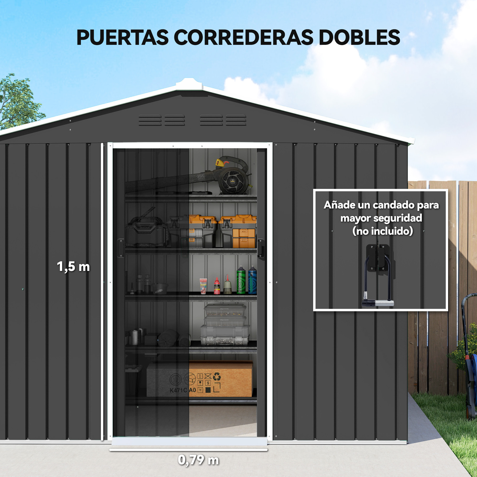 Caseta de Jardín Exterior 3,6 m², 236x171x191 cm, Cobertizo de Jardín Exterior Metálico con Puertas Correderas y Ranuras de Ventilación, para Almacenamiento de Herramientas, Gris Oscuro