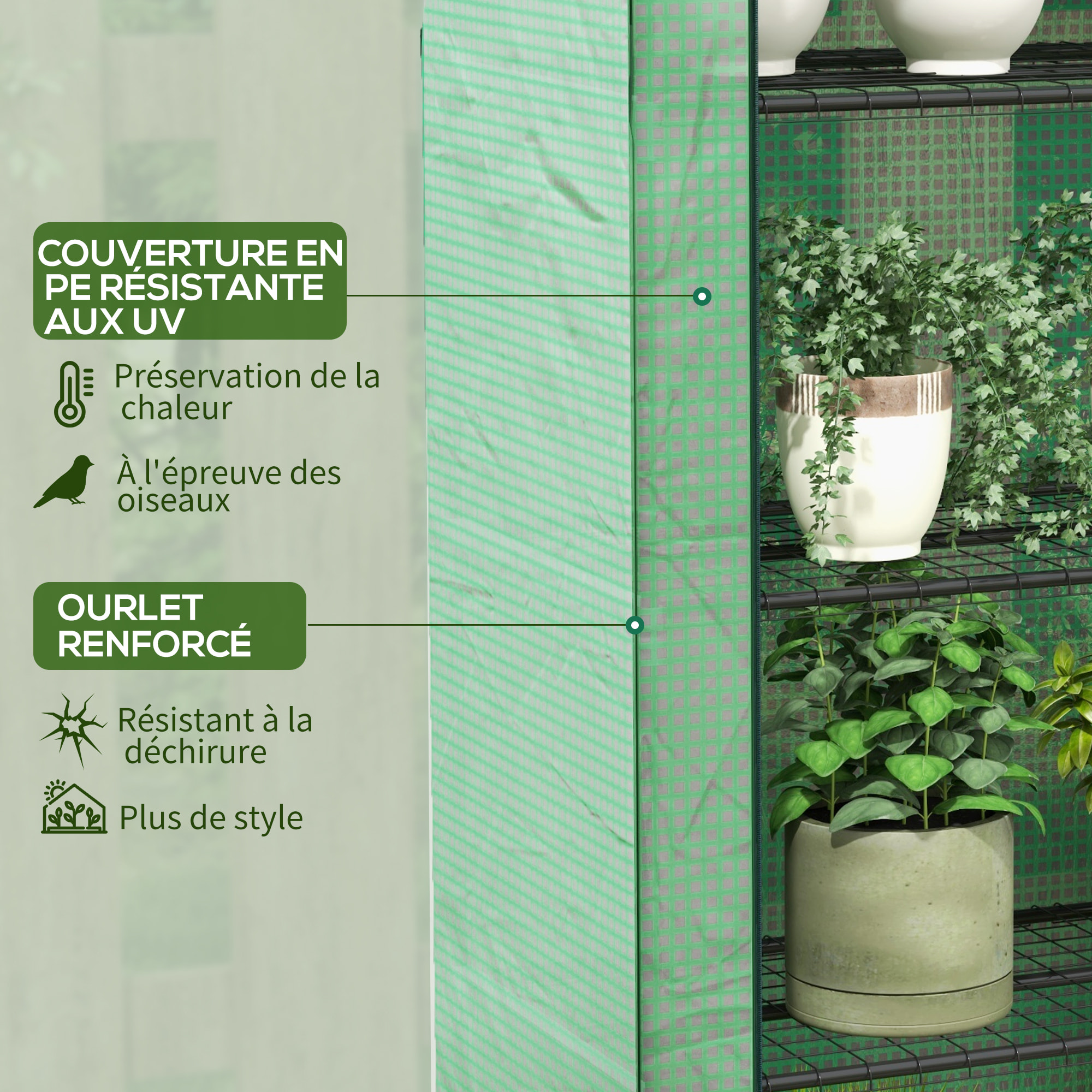 Mini serre de jardin serre de balcon serre à 4 étages avec châssis en acier & bâche en PE renforcée, intérieur et extérieur portable porte enroulable, 120 x 50 x 170 cm, vert