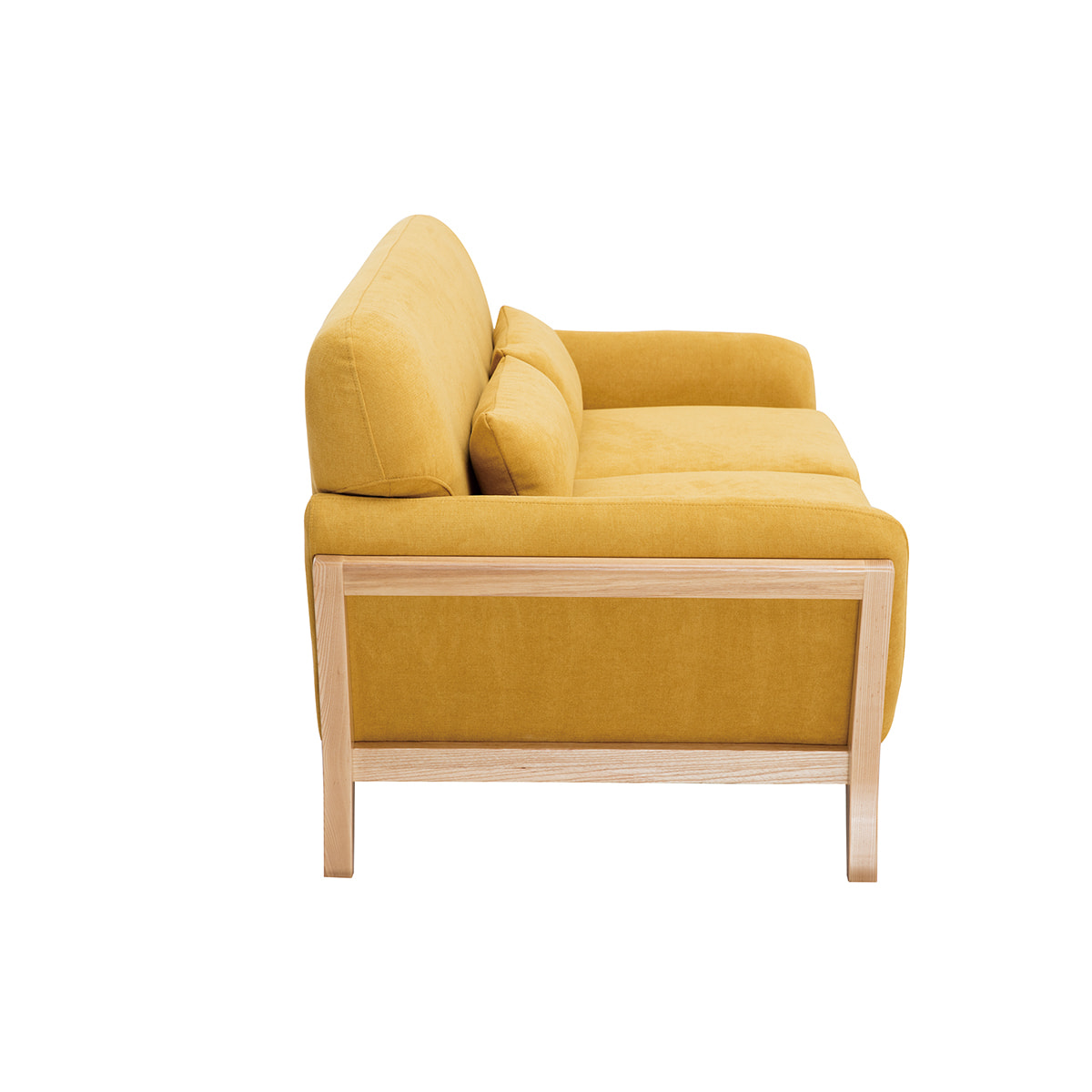 Canapé scandinave 2 places en tissu effet velours jaune moutarde et bois clair YOKO