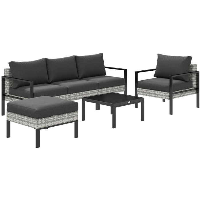 Ensemble salon de jardin 5 places 4 pièces coussins anthracite métal époxy noir résine tressée 2 fils gris