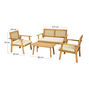 Siboney - salon bas de jardin 4 places - bois, cannage et coussins beiges - Bois / Beige