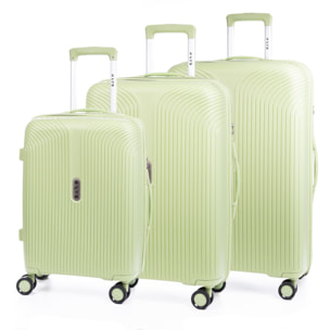 Set di 3 valigie trolley in PP resistente alla rottura. Lucchetto numerico TSA, 4 doppie ruote girevoli a 360°.