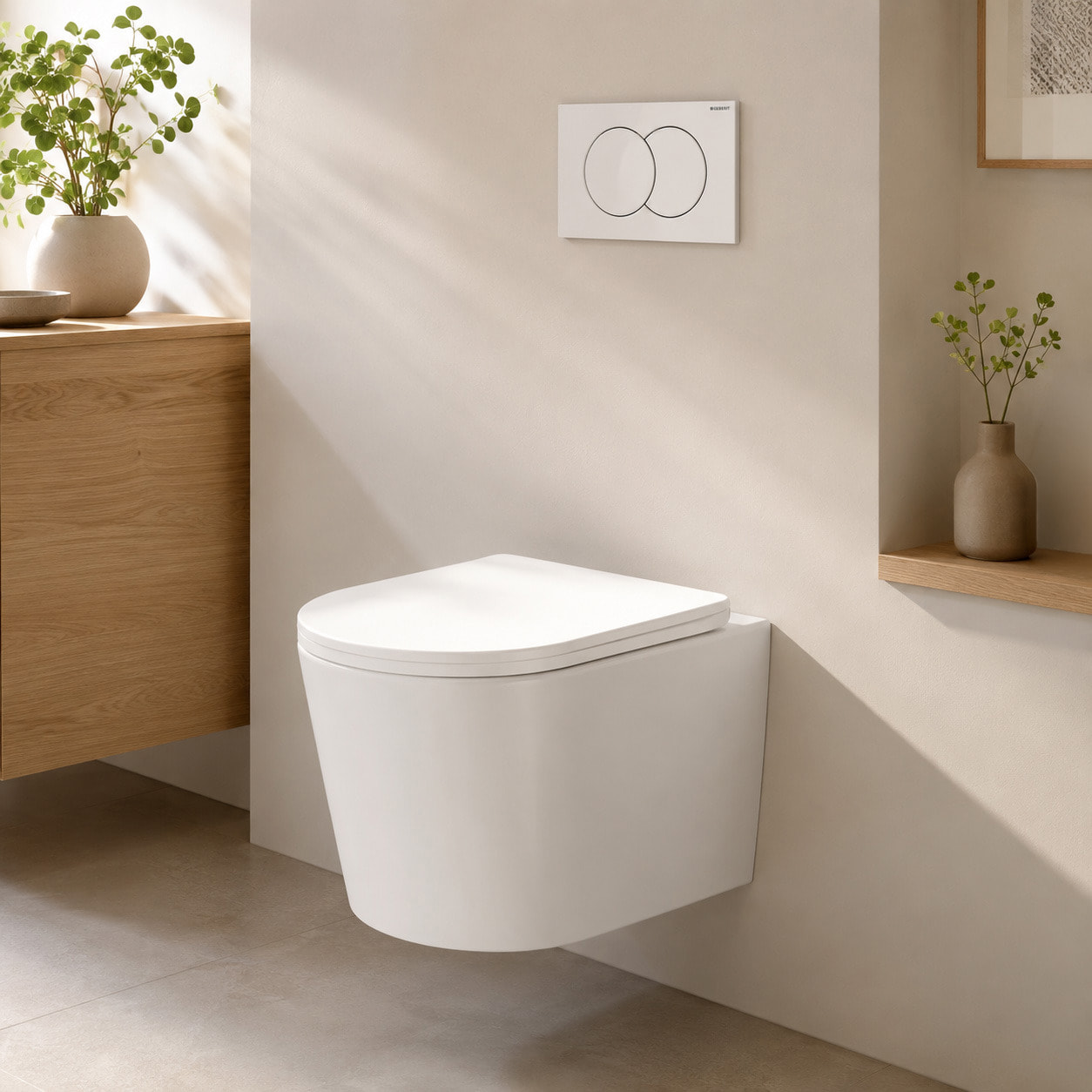 Pack WC suspendu complet avec bâti-support Geberit Duofix, cuvette Ceramia Vortex, abattant SoftClose et plaque blanche