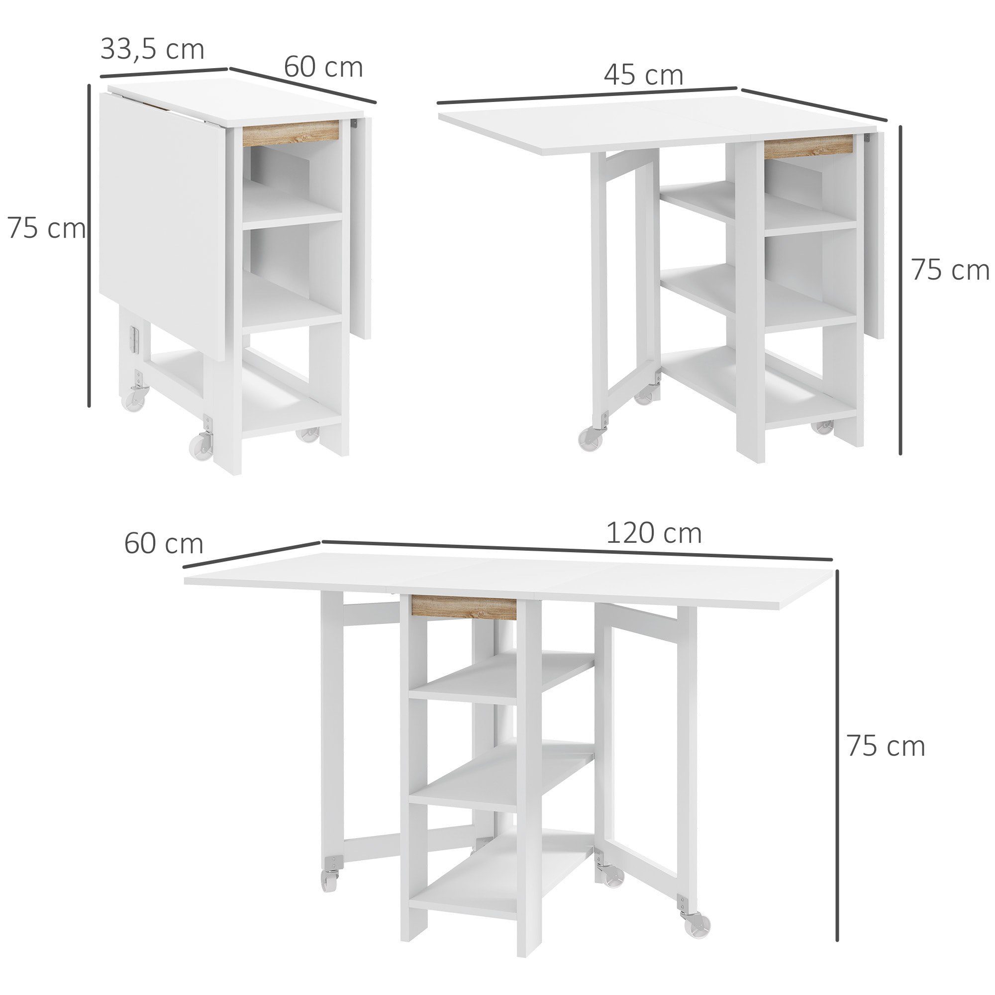 Mesa Plegable con Alas Abatibles Mesa de Comedor Plegable Mesa de Cocina con 2 Ruedas y Estantes Estilo Moderno 120x60x75 cm Blanco