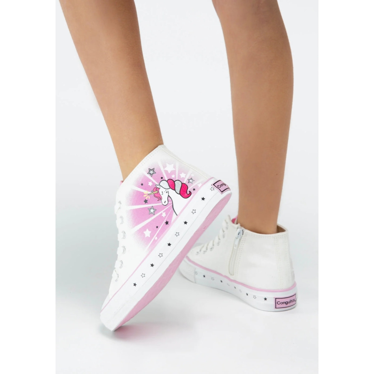 Zapatillas Altas de Niña de Lona con Estampado de Unicornio en Blanco