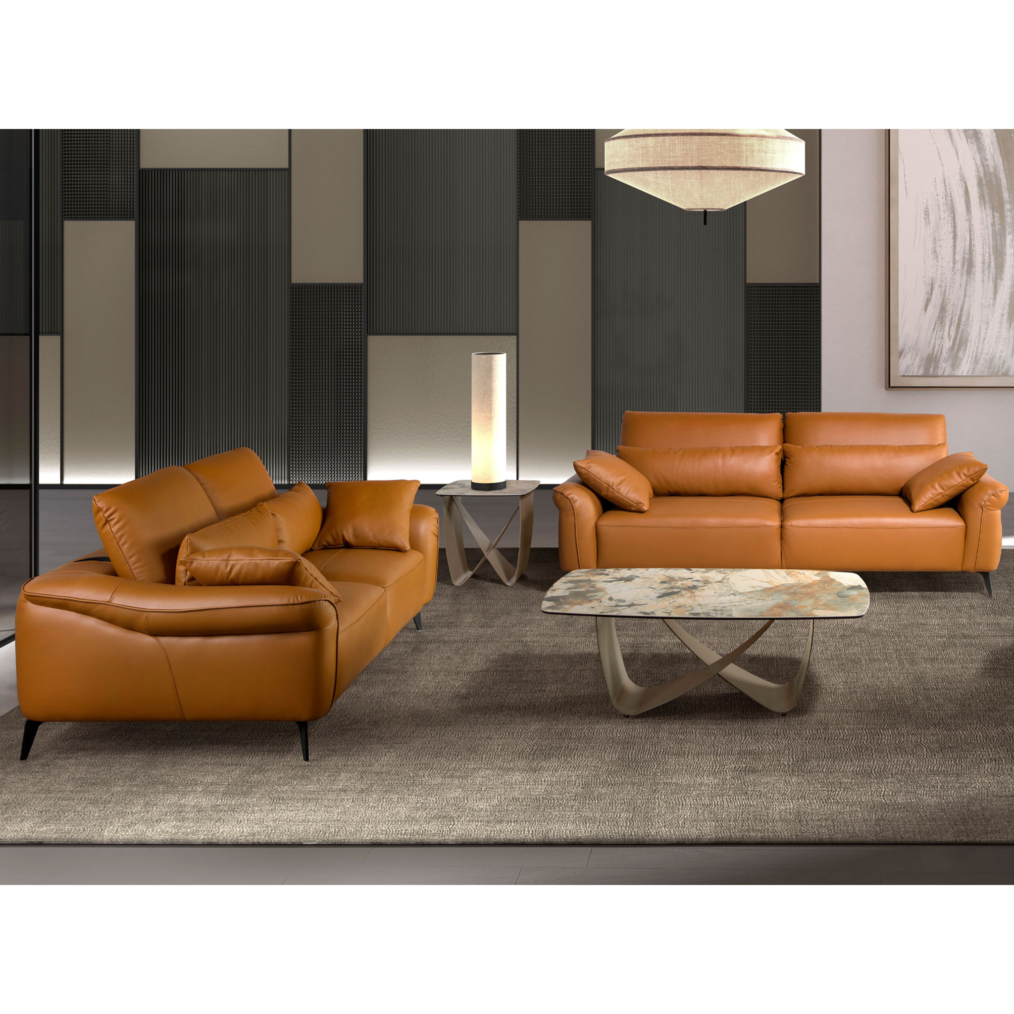 Mesa rincón Angel Cerdá cuadrada con tapa de mármol porcelánico en tonalidades tierra y grises en acabado mate y patas de acero inoxidable en taupé acabado metalizado 50x50x50cm