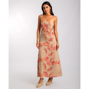 Vestido midi con bordado floral, espalda descubierta y lazada ajustable.