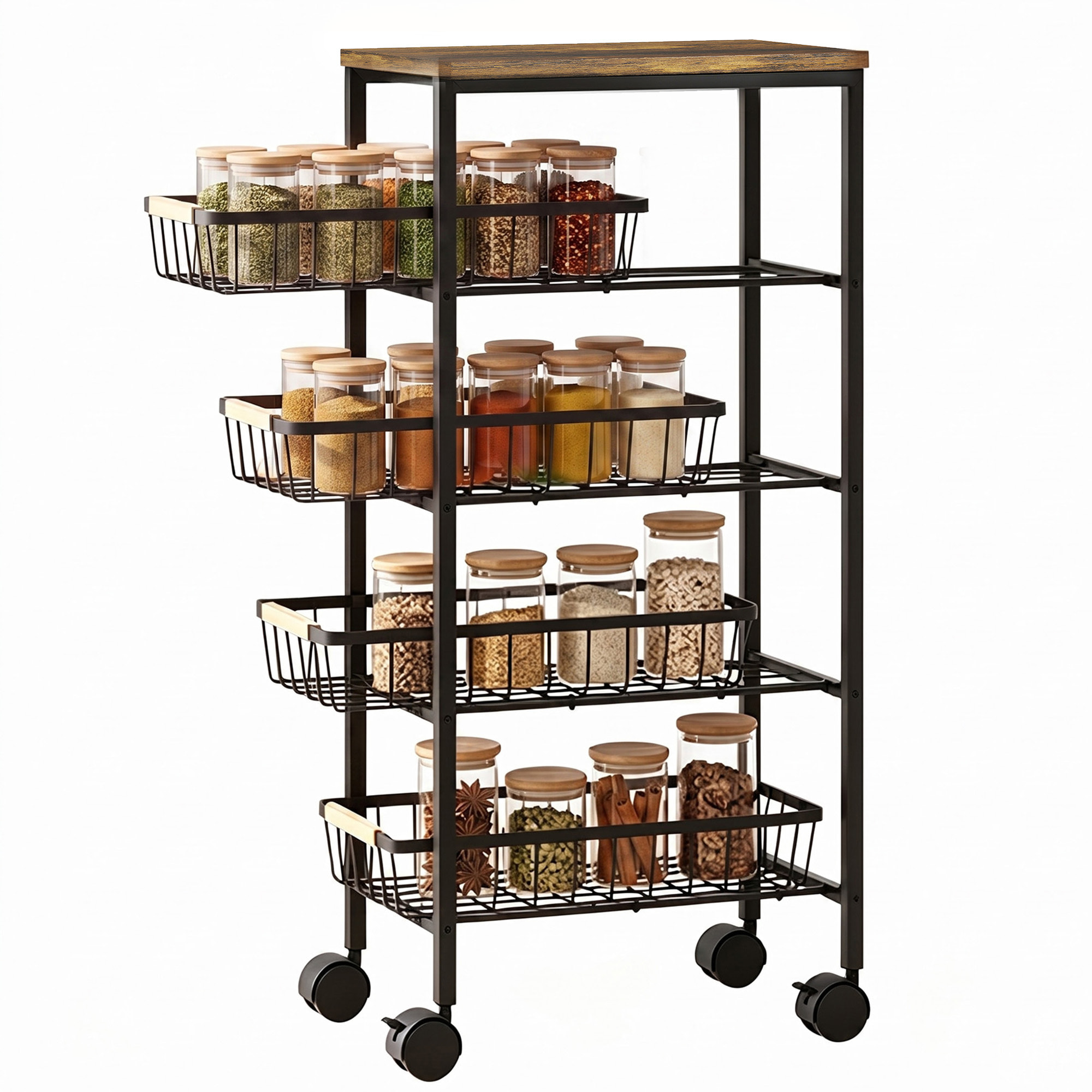 Carrito Auxiliar con Ruedas, Carrito de Cocina con 4 Cestas Extraíbles, Carga 15 kg, Marco Metálico, Tiradores de Madera, para Comedor, Sala de Estar, Baño, 40x24x81,5 cm, Marrón Rústico