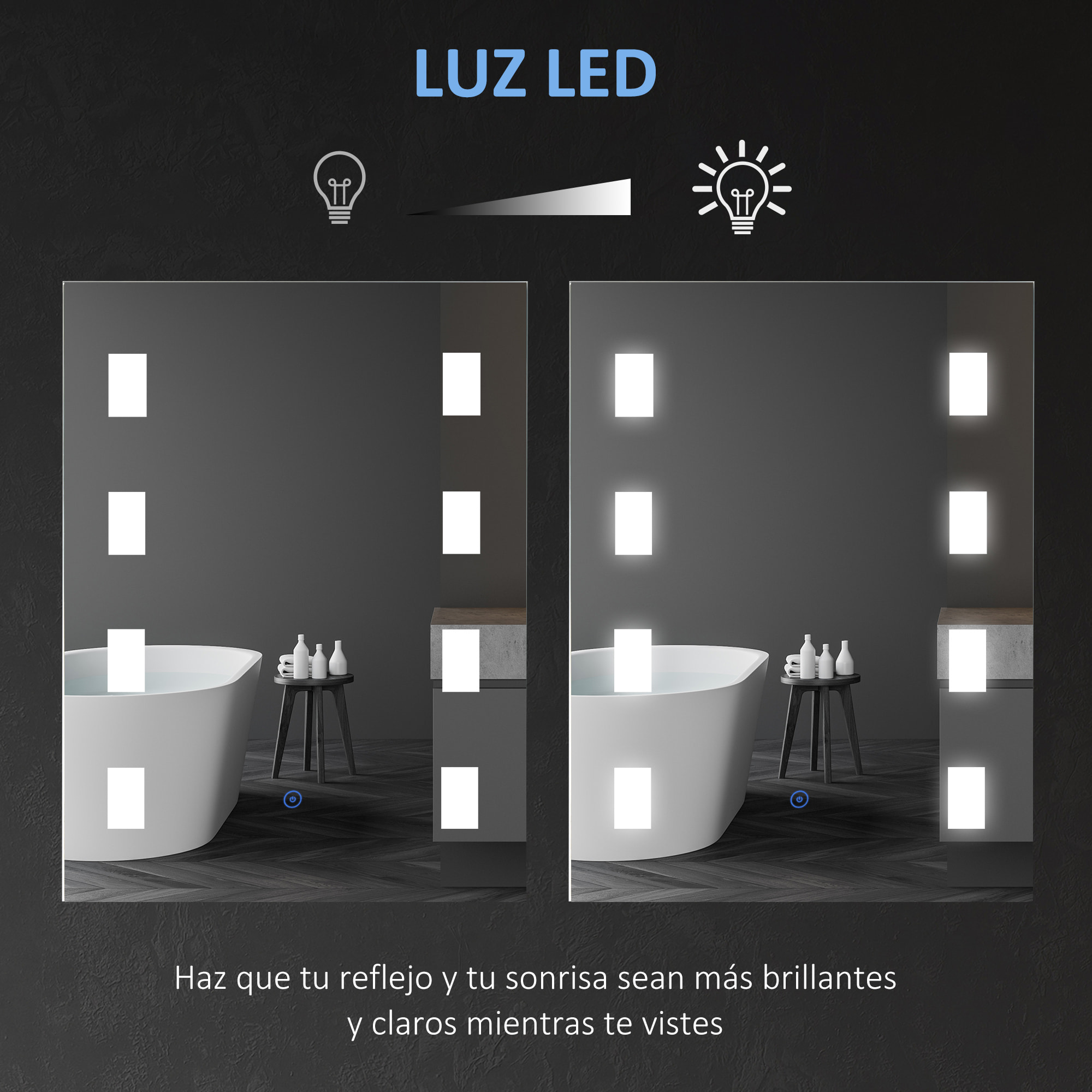 Espejo de Baño con Luz LED 14,5 W 70x50 cm Espejo para Baño con Función de Antivaho Marco de Aluminio Interruptor Táctil y Luces Blanco Frío Plata