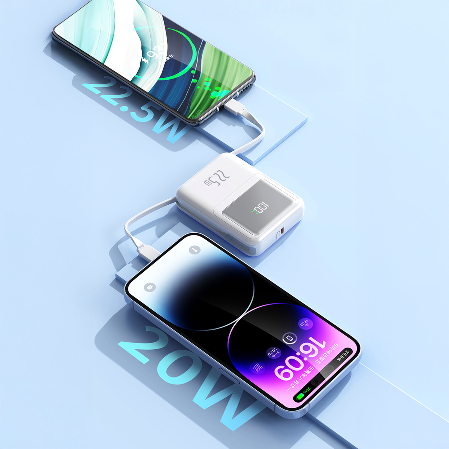 Powerbank 10.000mAh con ricarica veloce PD22,5W e ricarica wireless da 15W. Cavi USB-C e Lightning integrati. Display LED di carica.