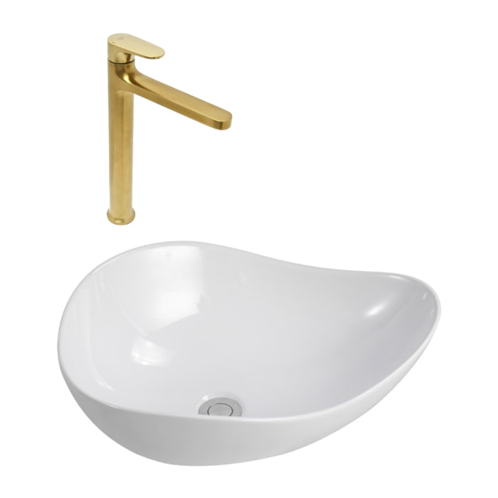 DARK mitigeur lavabo  XL, or brossé + Ceramia PixL 51x38x19 cm vasque à poser, sans trop-plein, blanc (SAT285PBZCEPX5038)