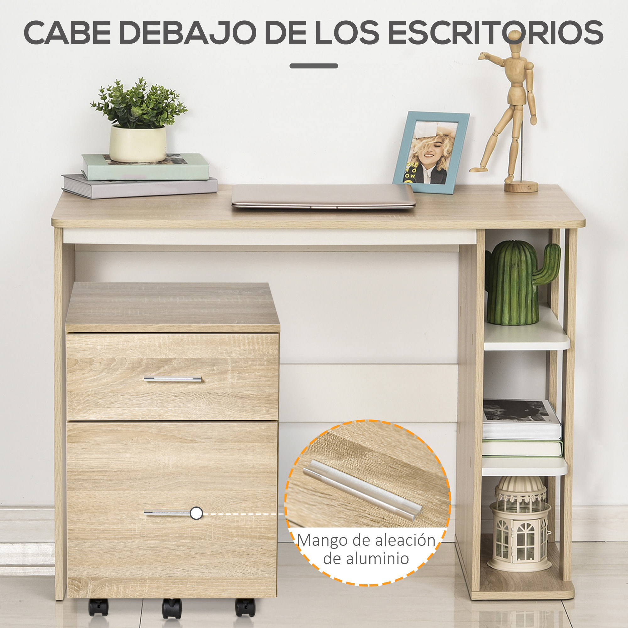 Cajonera de Escritorio con 2 Cajones, Cajonera de Oficina con Ruedas, Archivador Móvil, para Archivos A4 o Cartas, para Estudio, Salón, 39,5x39x58,5 cm, Roble