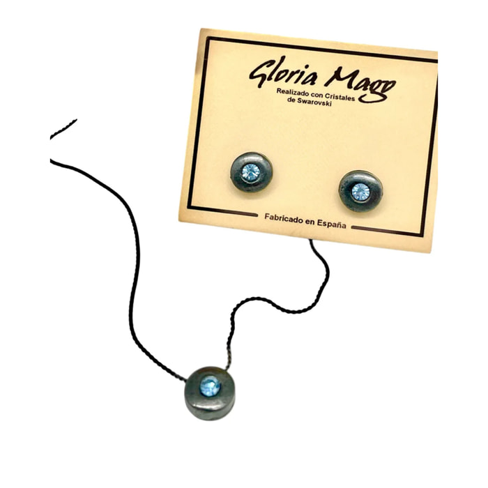 Conjunto collar y pendiente redondo plata 10µ gun y cristal Sw