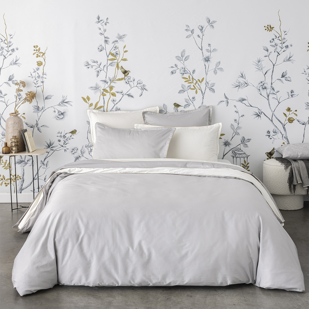 Drap plat uni en satin de coton bio, NOBEL, Gris Argent