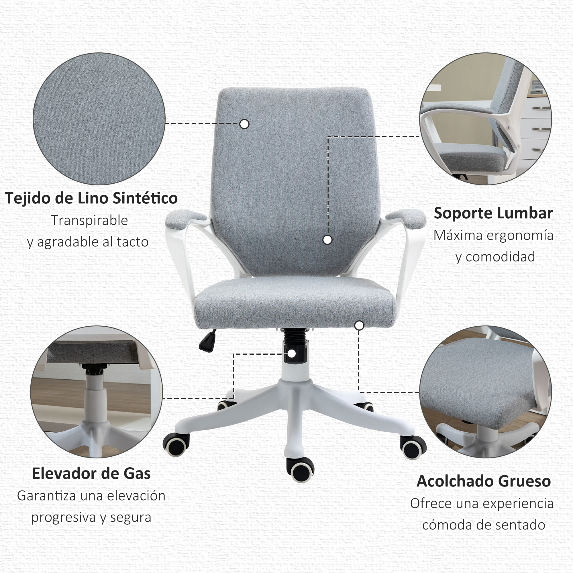 Silla de Oficina Giratoria Silla de Escritorio Ergonómica con Altura Ajustable Reposabrazos Acolchado y Soporte Lumbar Carga Máx. 120 kg 62x69x92-100 cm Gris