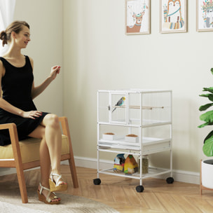 Jaula para Pájaros Jaula Grande con Ruedas Paneles Acrílicos Comederos Perchas Estante Bandejas Extraíbles Pajarera para Loros Canarios 48x46x83 cm Blanco