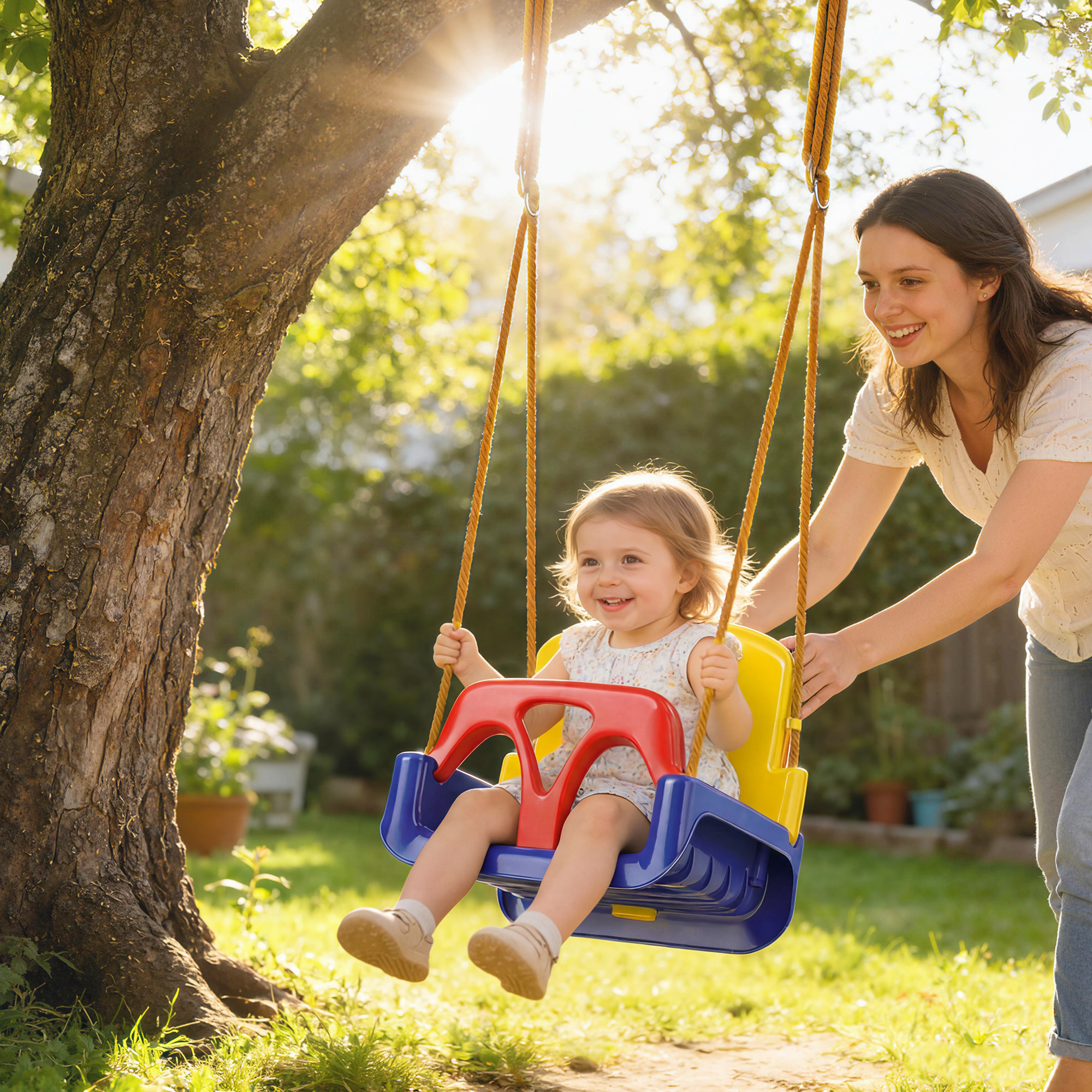 Columpio Infantil 3 en 1, Columpio para Niños, Cuerda Ajustable, con Respaldo Desmontable, Barra en T, Cinturón de Seguridad, para Interior, Exterior, Solo Asiento, Azul Oscuro