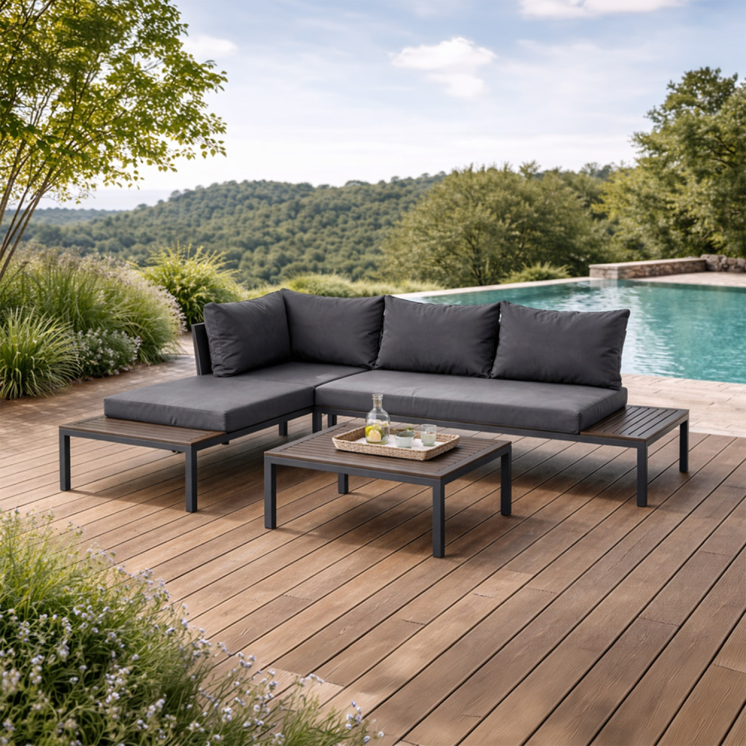 Salon de jardin 3-4 places avec table basse gris foncé CANEE
