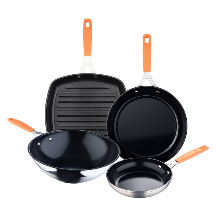 Juego de 2 Sartenes Ø16Ø28cm + Asador cuadrado 28x28cm + Wok Ø28cm en aluminio forjado para inducción COMPACT San Ignacio