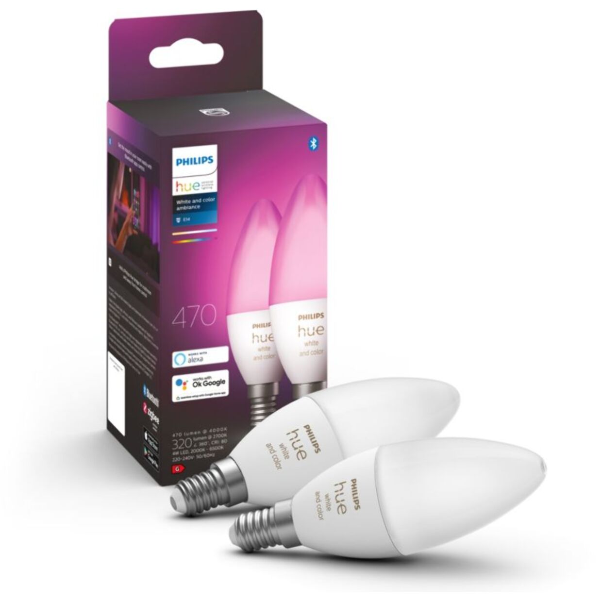 Ampoule LED connectée PHILIPS HUE E14 White&Color Ambiance Flamme pack 2