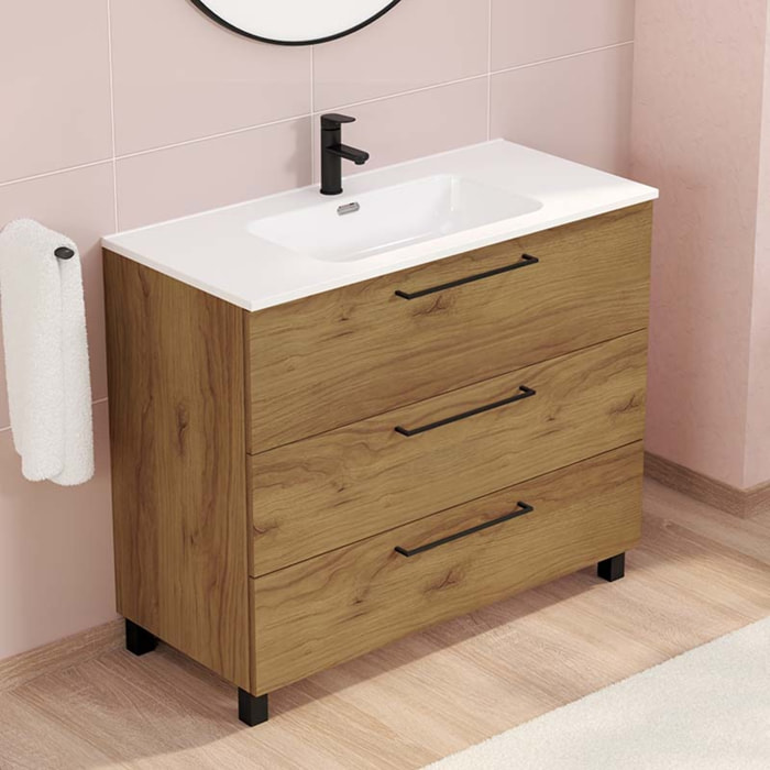 Ensemble De Salle De Bain Haru | Meuble De Salle De Bain Avec Pieds | 100 Cm Teka| 3 Tiroirs | Vasque Ceramique | N'Inclut Pas Miroir | Alday