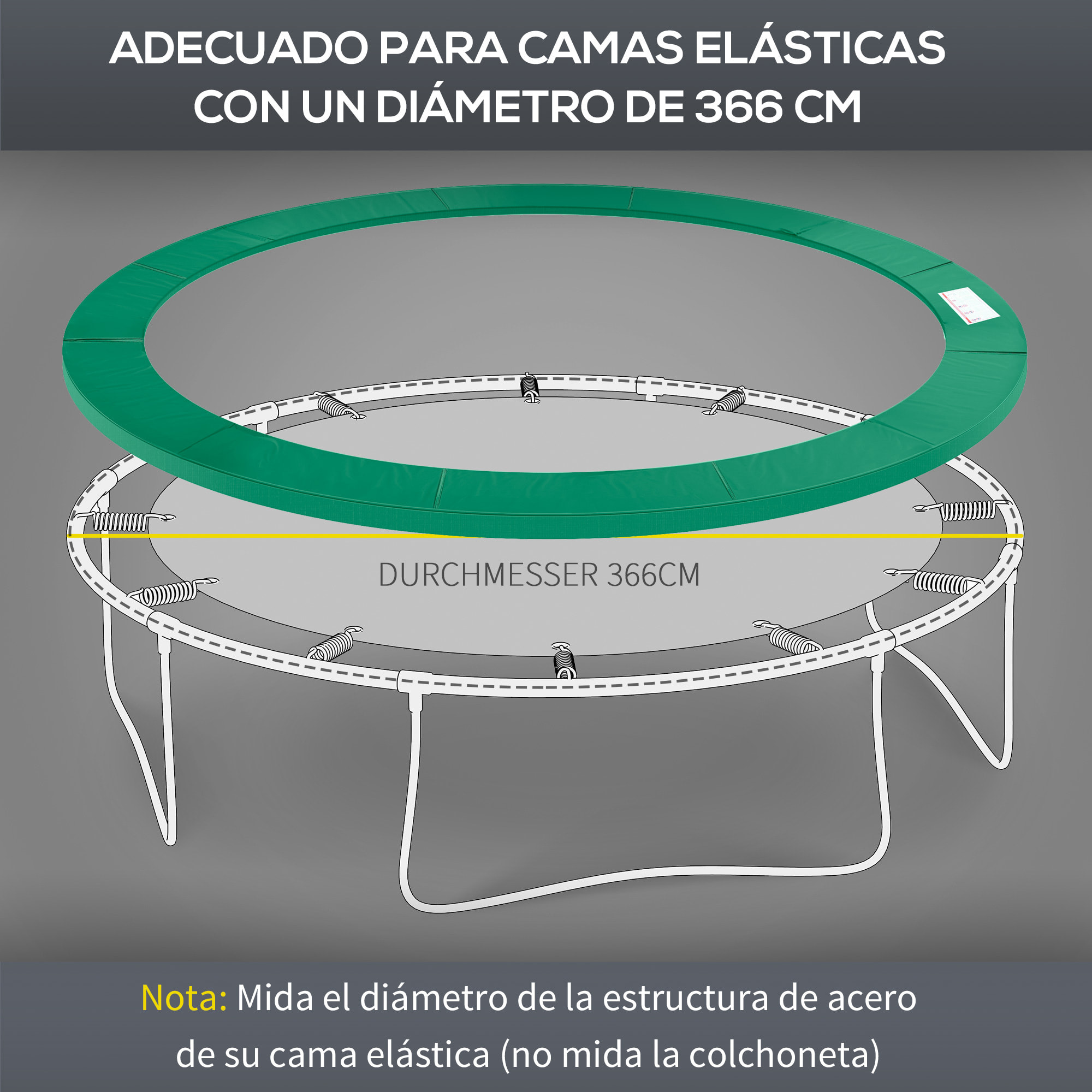 Cojín Cubierta de Protección Borde Resorte para Cama Elástica Trampolín Redondo Diámetro Ø366 cm Verde