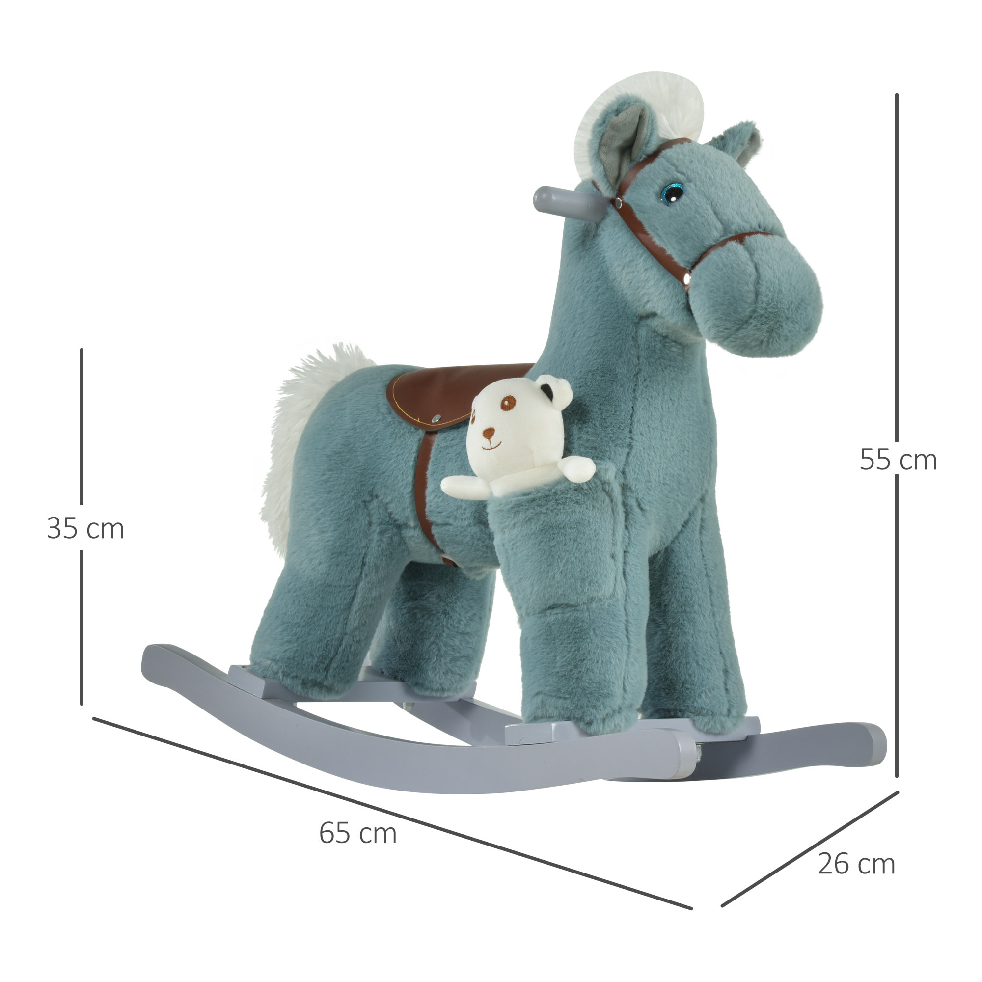 Caballito Balancín para Niños 18-36 Meses Caballo Mecedora Felpa con Osito de Peluche Sonidos de Relincho y Galope Base de Madera 65x26x55 cm Azul