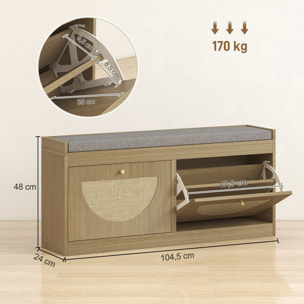 Banco Zapatero, Banco Recibidor Bohemio, con Asiento Acolchado, Puertas Frentes de Ratán, Estante Ajustable, para 8 Pares de Zapatos, para Entrada, 105x35x47 cm, Natural