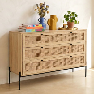 Commode 3 tiroirs en cannage et effet chêne - IRIS