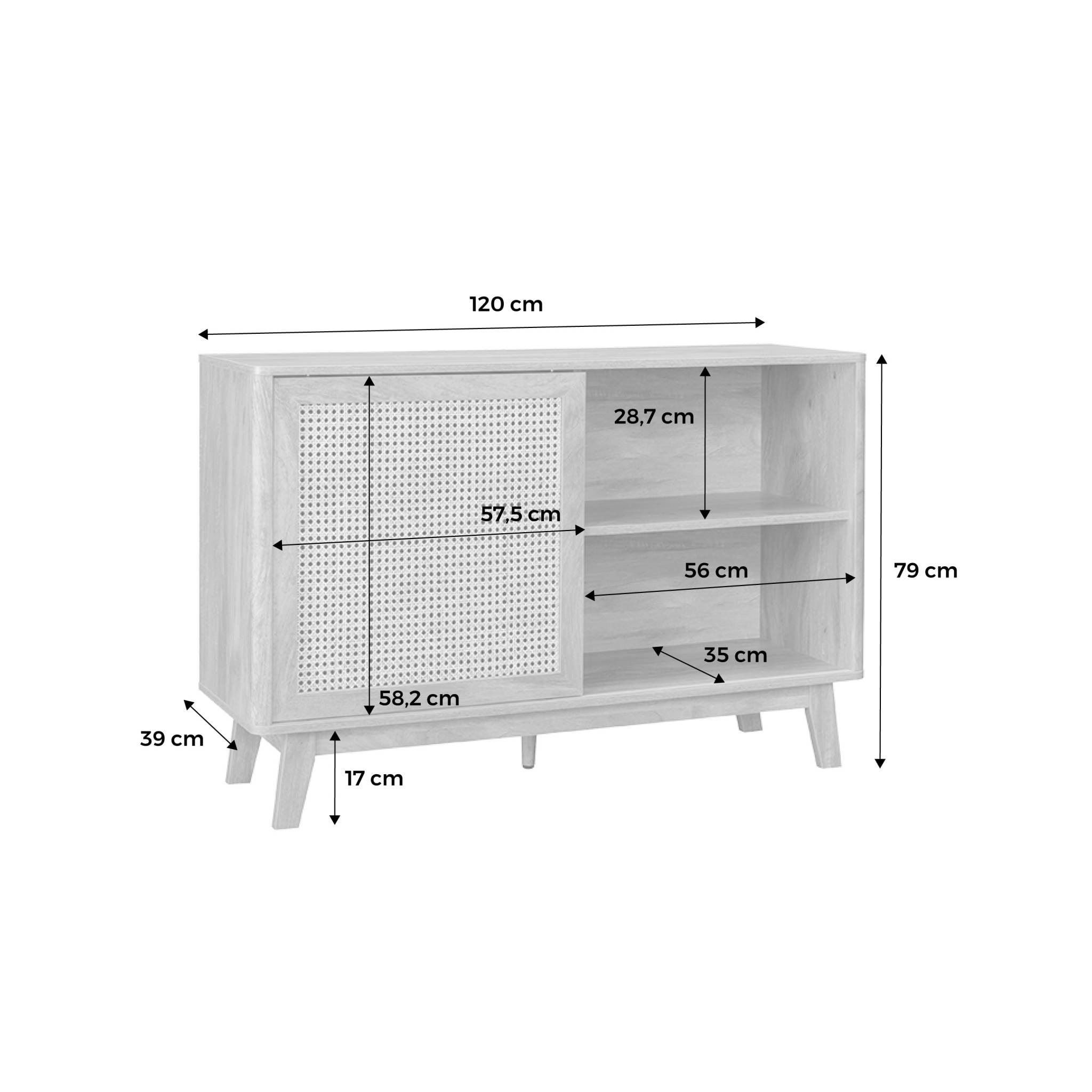 Petit buffet avec 1 porte coulissante et étagères. effet bois et détails cannage. buffet bas. 120cm