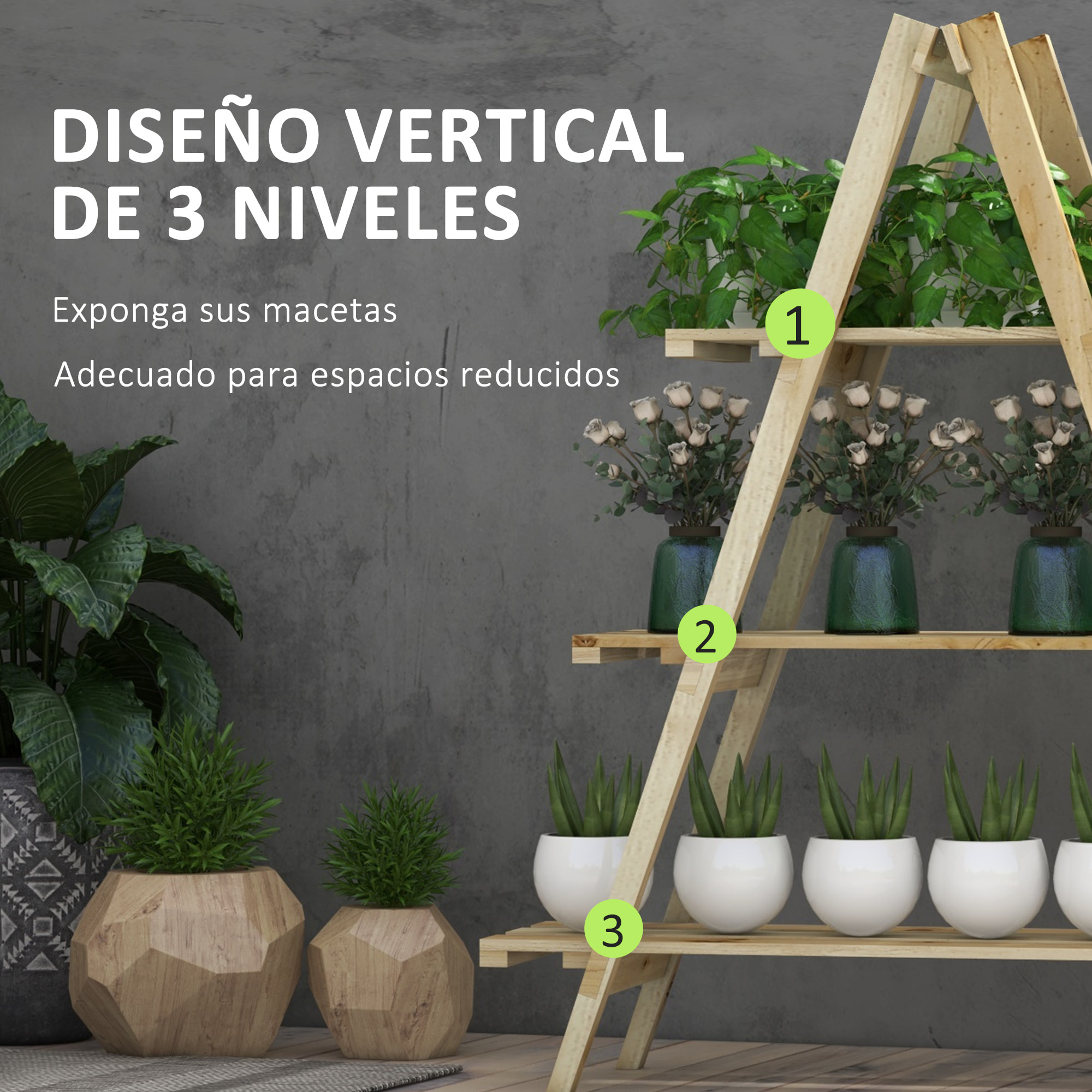 Estantería para Plantas Plegable de Madera Soporte para Macetas de 3 Niveles con Marco en A para Exteriores Interiores Salón Jardín Balcón 100x36x112 cm Natural