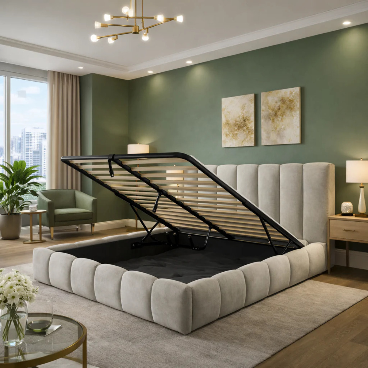 Lit coffre Everest avec tête de lit en tissu épais