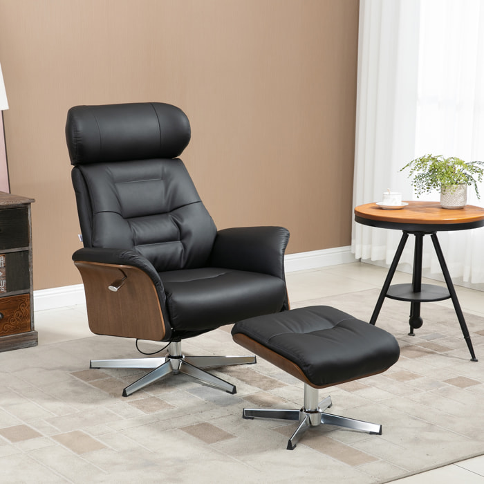 Fauteuil relax avec repose-pieds - ensemble lounge chair design - acier chromé bois eucalyptus synthétique noir