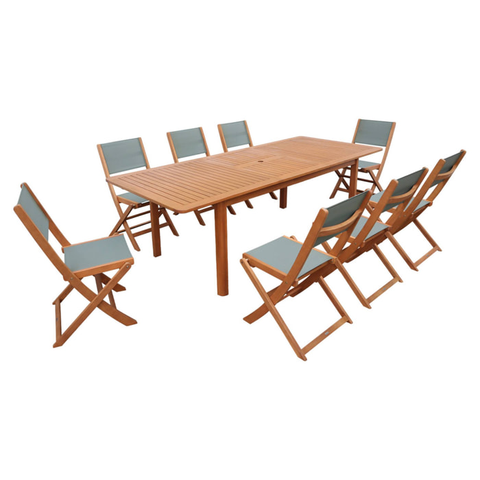 Table de jardin extensible bois d'eucalyptus + 8 assises ARBO + ALMERIA