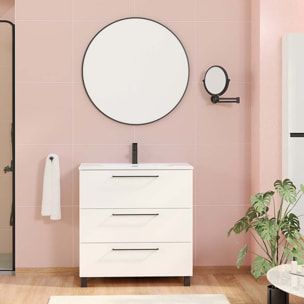 Ensemble De Salle De Bain Haru | Meuble De Salle De Bain Avec Pieds | 80 Cm Blanc| 3 Tiroirs | Vasque Ceramique | N'Inclut Pas Miroir | Alday