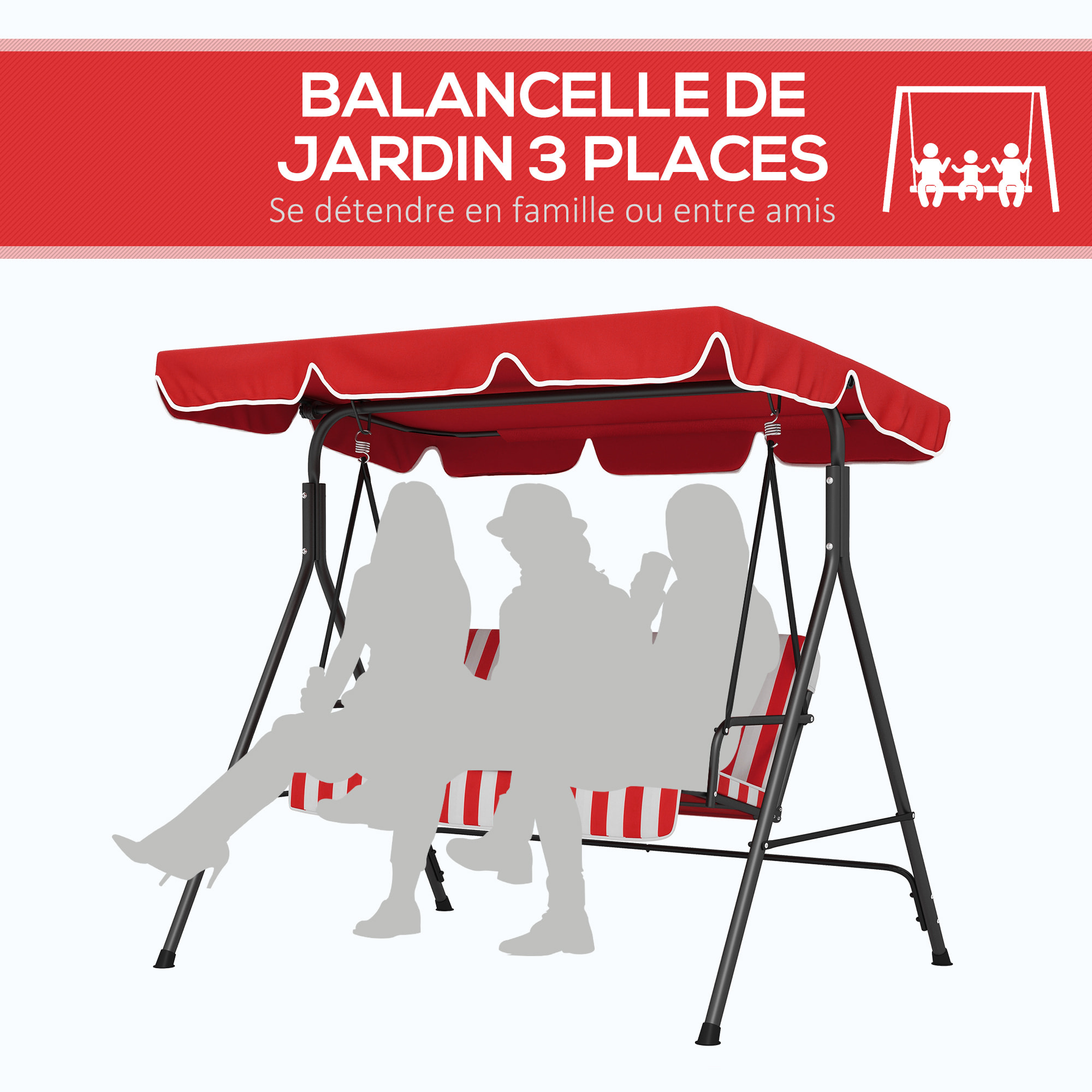 Balancelle de jardin 3 places toit inclinaison réglable coussins assise et dossier 1,72L x 1,1l x 1,52H m acier noir polyester rouge et blanc