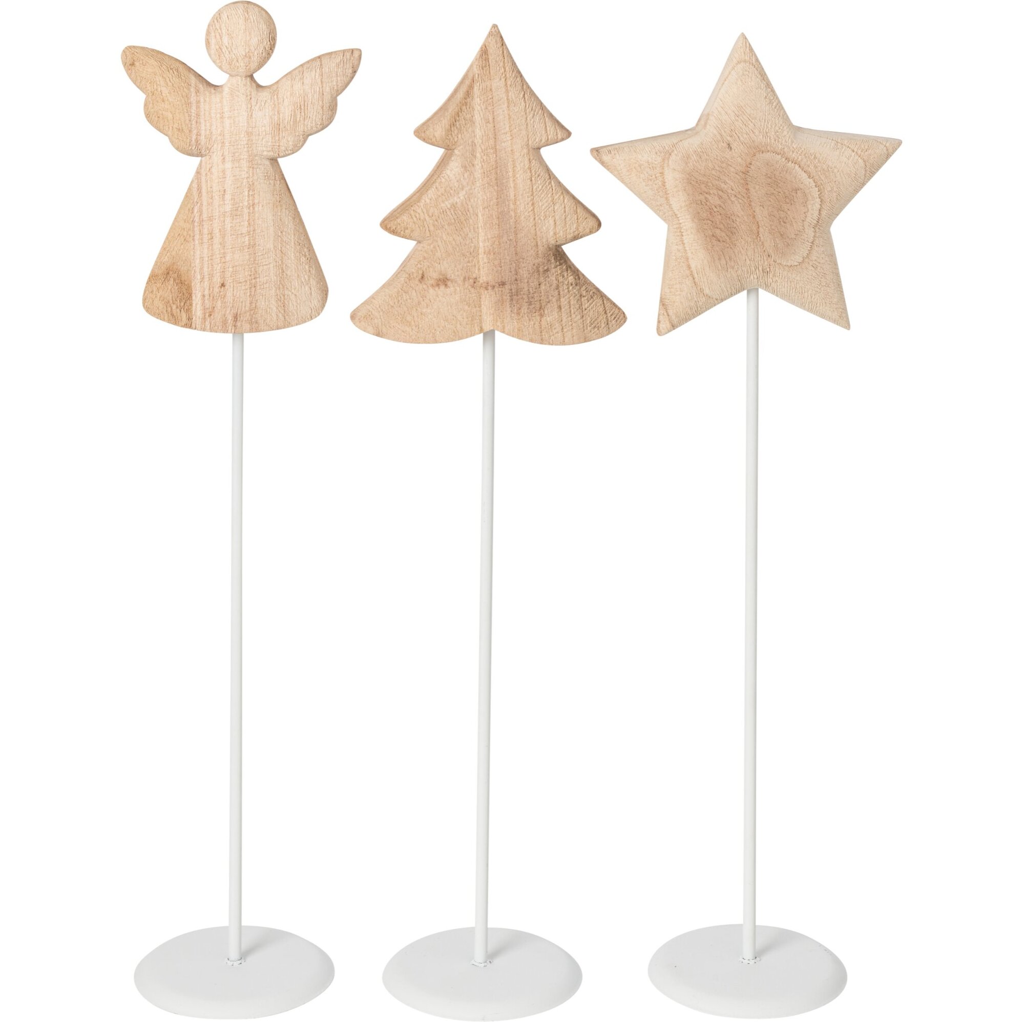 J-Line anges, arbres et étoiles - bois de paulownia - blanc/naturel - large - assortiment de 3