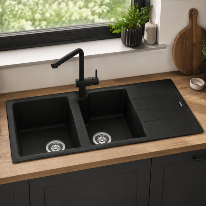 Evier cuisine 2 bacs FRANKE Basis BFG 621 égouttoir réversible + vidage manuel noir mat