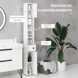 Mueble Auxiliar Baño Moderno Armario Alto de Baño con 1 Cajón 5 Estantes Ajustables y 2 Armarios Mueble de Almacenaje para Salón Dormitorio Carga 30 kg 20x20x180 cm Blanco