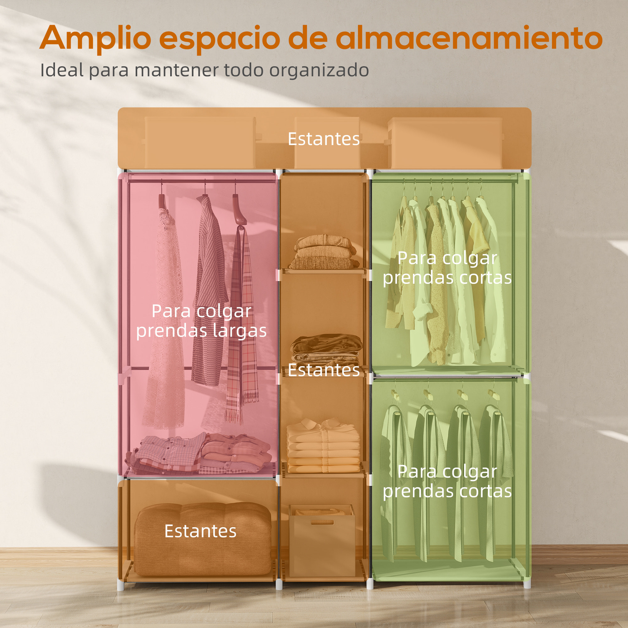 Armario de Ropa, Perchero, 182x43x185 cm, Armario Abierto con 8 Estantes de Tela, Barras para Colgar, Marco de Metal, para Dormitorio, Salón, Vestidor, Gris Claro