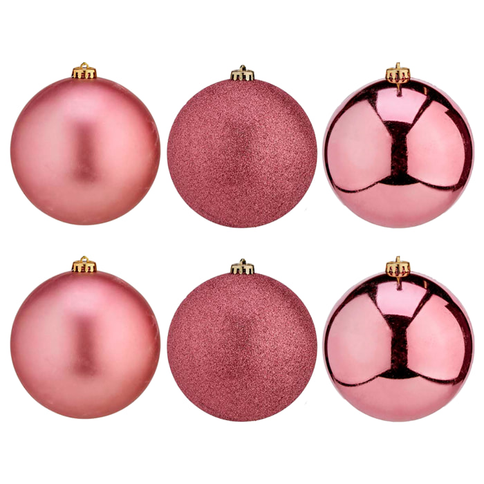 Set di 6 palline di Natale di 10 cm di colore rosa, assortite in 3 design: semplice, lucido e con texture.