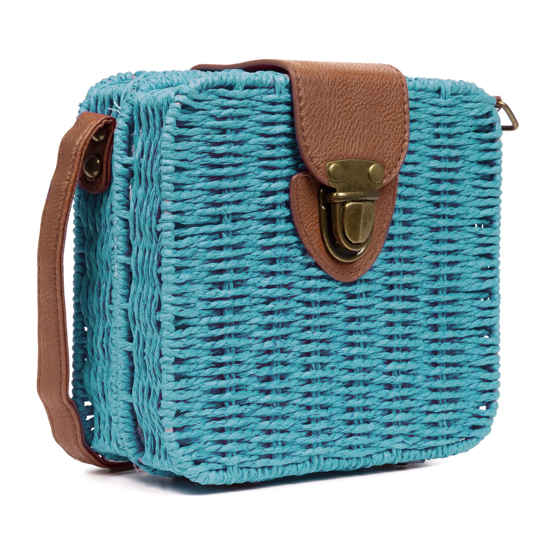 IRIA QUINTANA Borsa a tracolla da donna Empoli. Tessuto di paglia in pelle sintetica PU. 18x7x17 cm. Azzurro