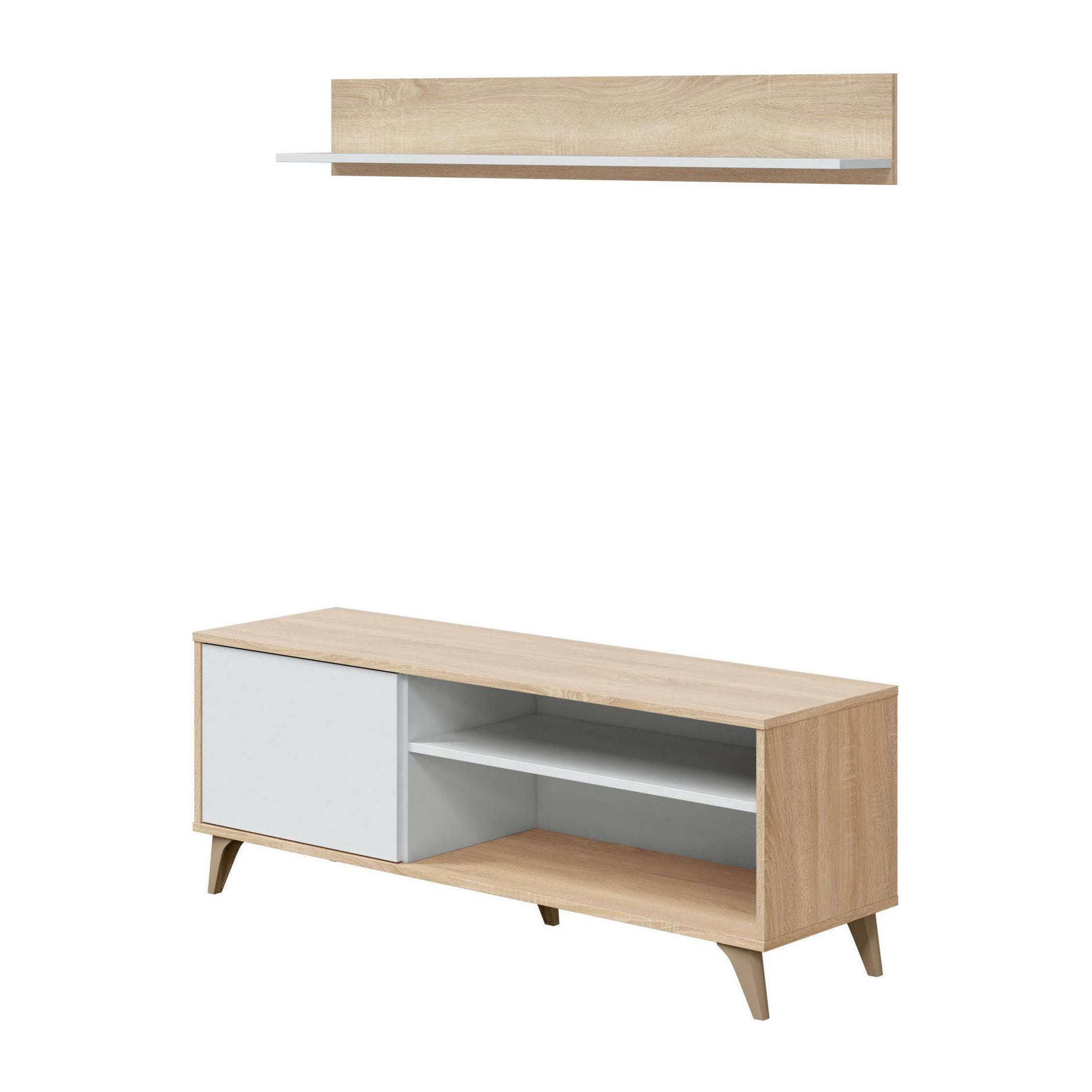 Mobile porta TV Mesa, Credenza per televisione da soggiorno con 1 anta, Supporto TV da salotto, Madia di design, cm 135x40h50, Rovere