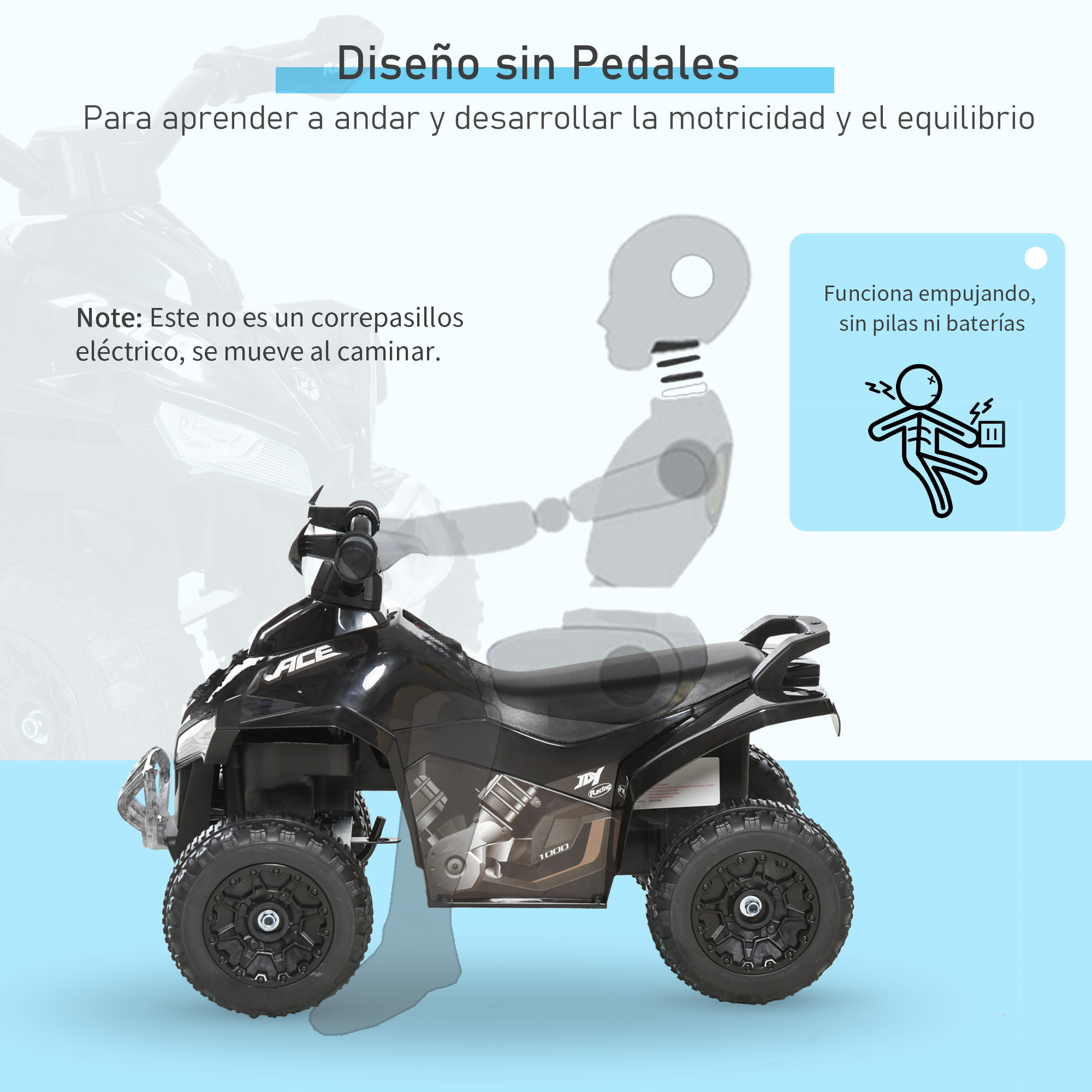 Quad Correpasillos Coche Correpasillos para Niños de 18-36 Meses con Función de Luces y Música Soporta hasta 20 kg 67,5x38x44 cm Negro