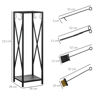 Soporte para Leña Estante de Leña Metálico Leñero de Exterior con Ganchos Pala Cepillo Atizador y Tenazas Carga 65 kg 34x34x111 cm Negro